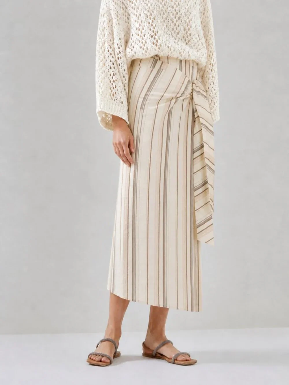 Brunello Cucinelli Sarong Skirt Cotton Beige Stripe Size 8 NewTag $1,995 - Picture 1 of 6